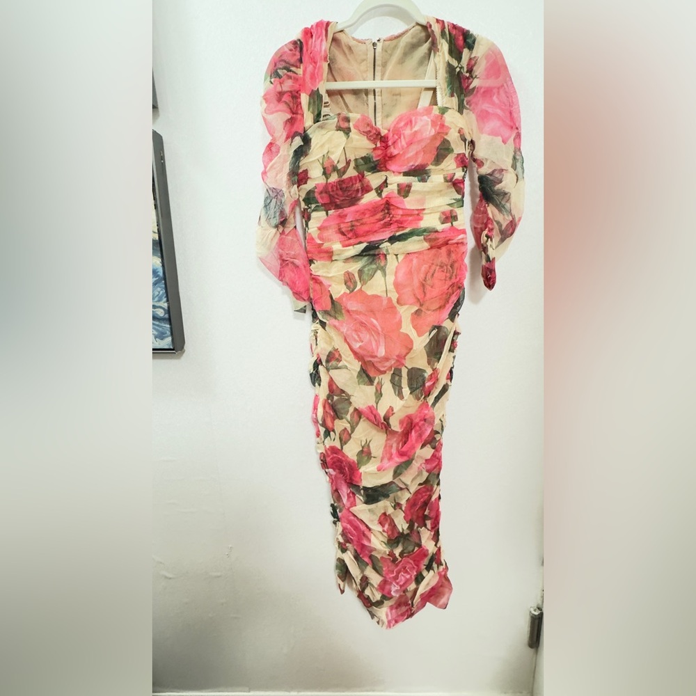 Dolce & Gabbana Rose Print Ruched Mesh Corset Dress IT 42